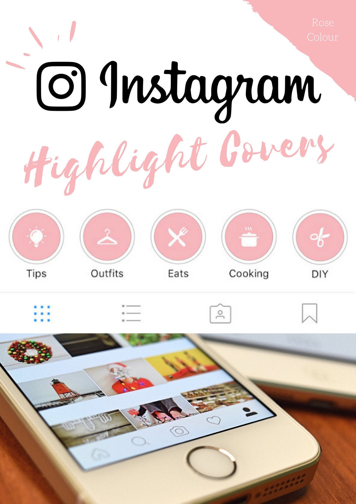 70 Instagram Stories Highlight Covers in Rose Colour.