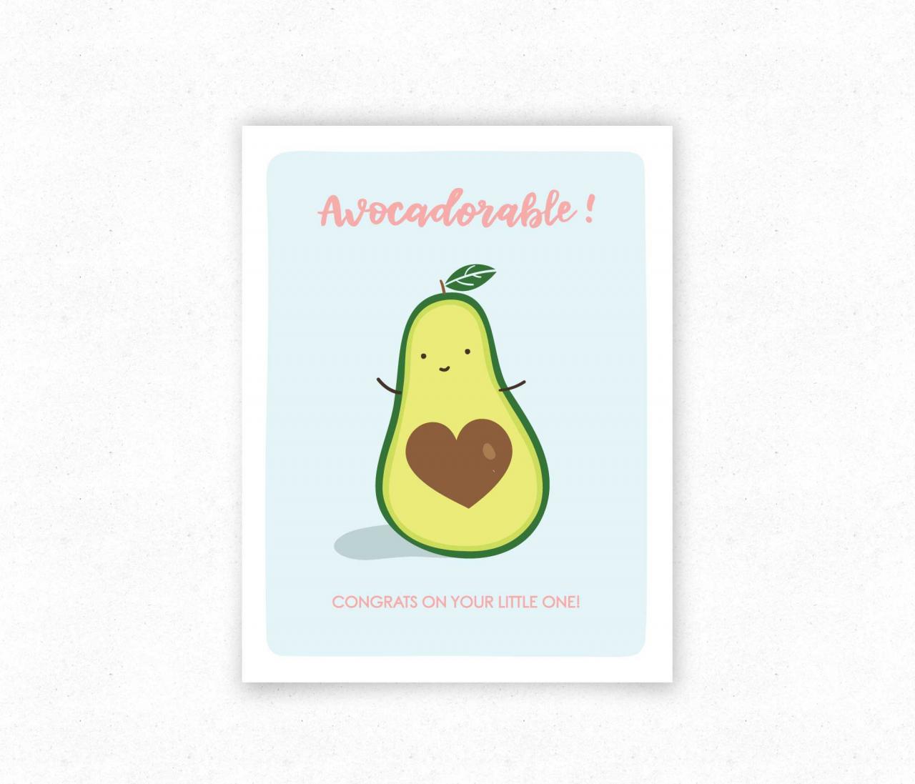 Avocadorable Funny Food Pun Greeting Card, Baby Shower Card, Avocado Illustration.