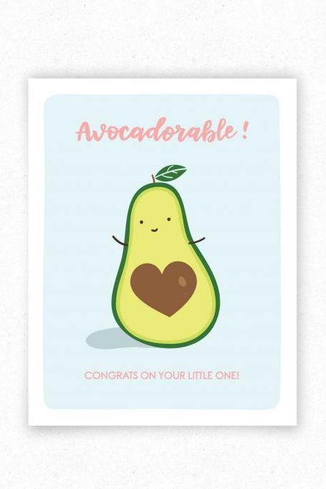 Avocadorable Funny Food Pun Greeting Card, Baby Shower Card, Avocado Illustration.
