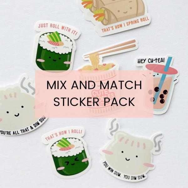 Mix and Match Funny Food Puns Waterproof Vinyl Sticker Pack for Laptop, Notebook, Planners, Water Bottles, Scrapbooking - Kawaii Asian Food.
